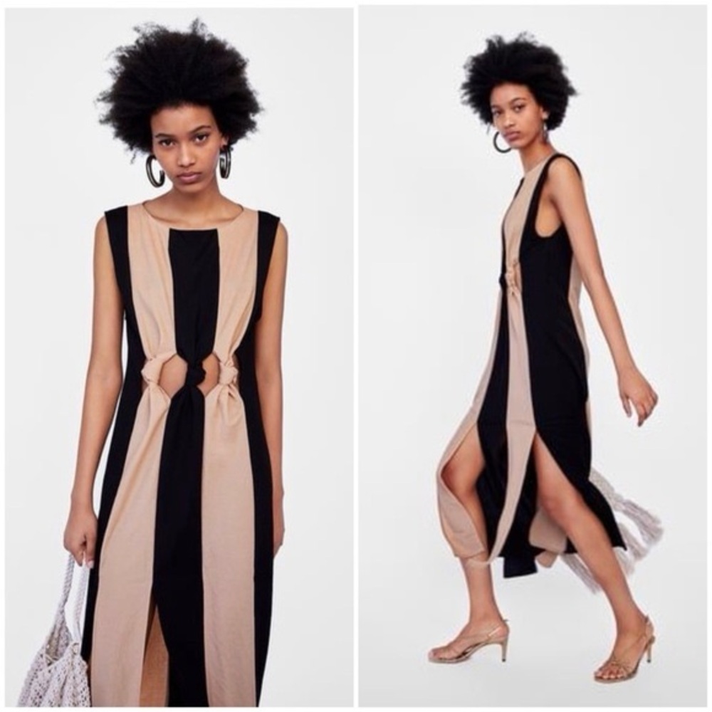 ZARA Sleeveless Black and Beige Striped Midi Dress with Front Rings size L - Picture 2 of 3